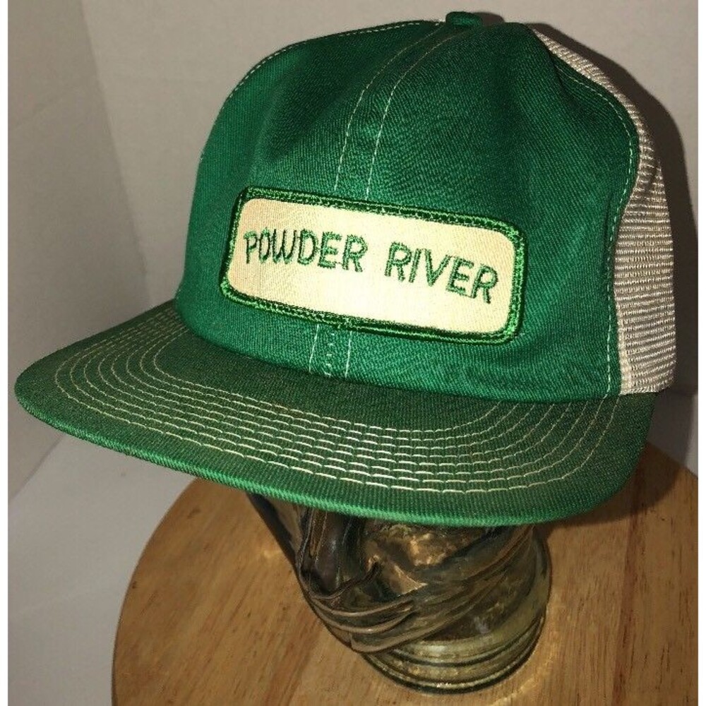 VTG POWDER RIVER 80s USA K-Brand K-Products Green White Trucker Hat Cap Snapback